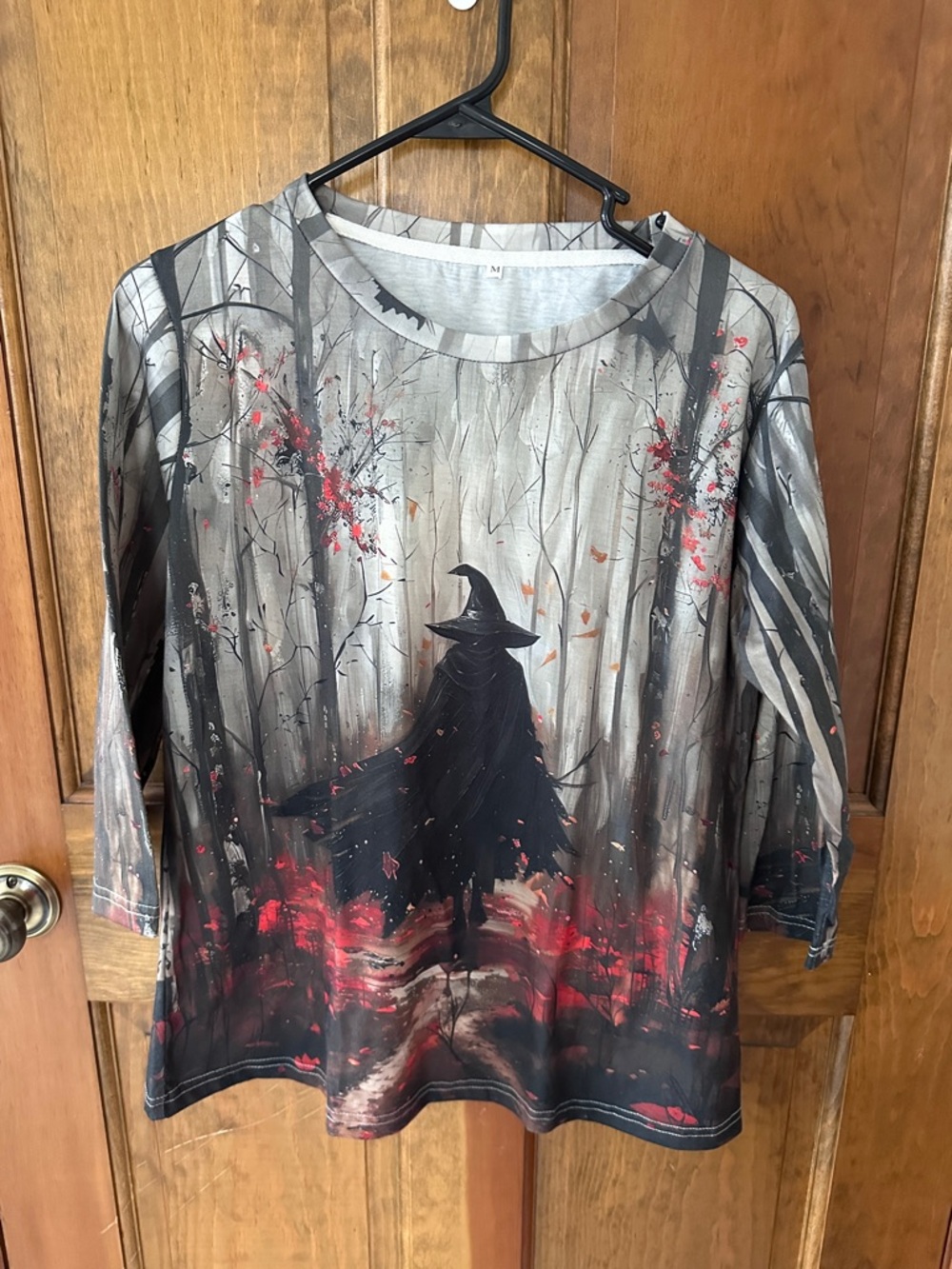 Witch Silhouette Forest Graphic Tee - Black & Gray with Red Accents